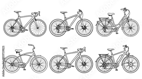 bicycle , realistic line art vector set , white background , PNG and SVG isolate