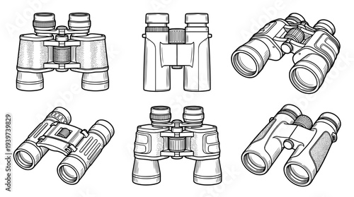 binoculars , realistic line art vector set , white background , PNG and SVG isolate