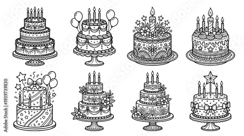 birthday cake , realistic line art vector set , white background , PNG and SVG isolate