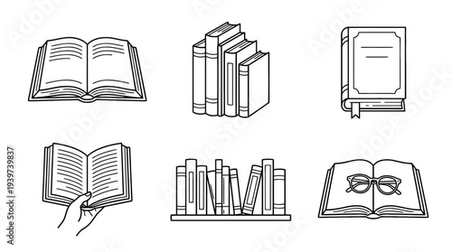 book , realistic line art vector set , white background , PNG and SVG isolate