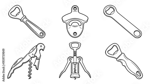 bottle opener , realistic line art vector set , white background , PNG and SVG isolate
