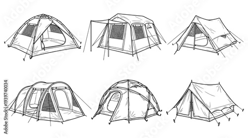camping tent , realistic line art vector set , white background , PNG and SVG isolate