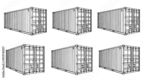 cargo container , realistic line art vector set , white background , PNG and SVG isolate