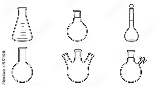 chemical flask , realistic line art vector set , white background , PNG and SVG isolate
