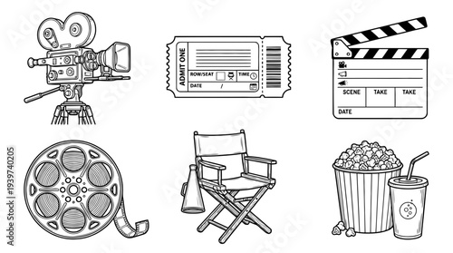 cinema , realistic line art vector set , white background , PNG and SVG isolate