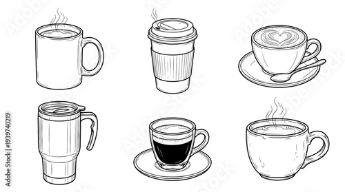 coffee cup , realistic line art vector set , white background , PNG and SVG isolate