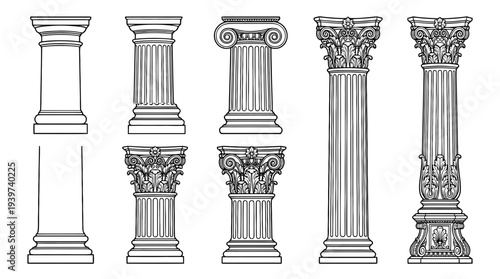column , realistic line art vector set , white background , PNG and SVG isolate