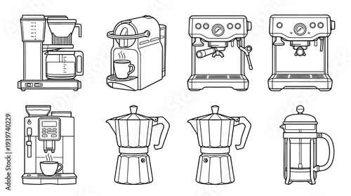 coffee machine , realistic line art vector set , white background , PNG and SVG isolate