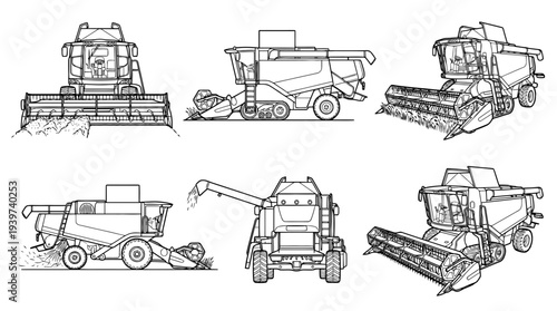 combine harvester , realistic line art vector set , white background , PNG and SVG isolate