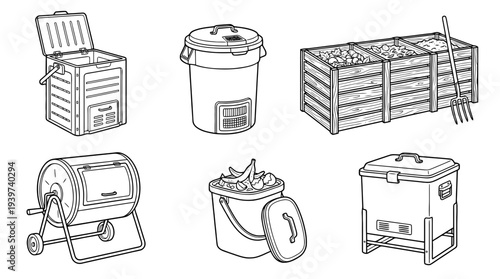 compost bin , realistic line art vector set , white background , PNG and SVG isolate
