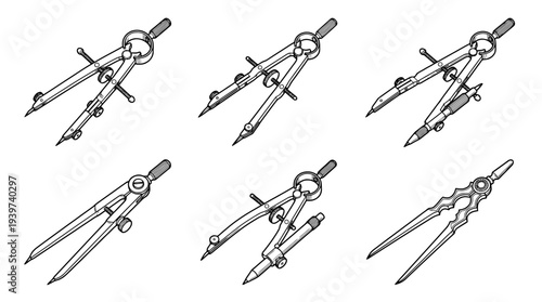 compass divider , realistic line art vector set , white background , PNG and SVG isolate