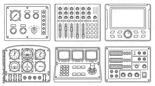 control panel , realistic line art vector set , white background , PNG and SVG isolate