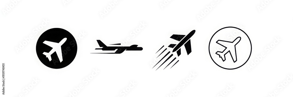 Obraz premium Airplane icon takeoff logo black pictogram set vector or plane take off flying silhouette shape graphic simple plain clipart symbol, airport airline jet circle sign, aeroplane thin line outline art