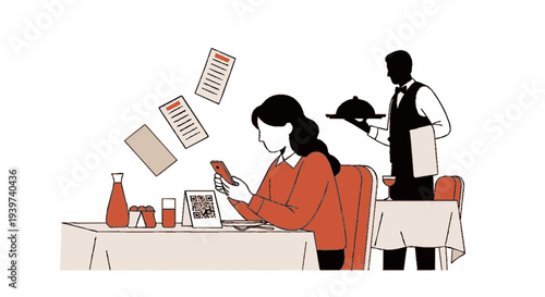 Woman sitting at restaurant table using smartphone while waiter stands nearby holding tray with menu in the background