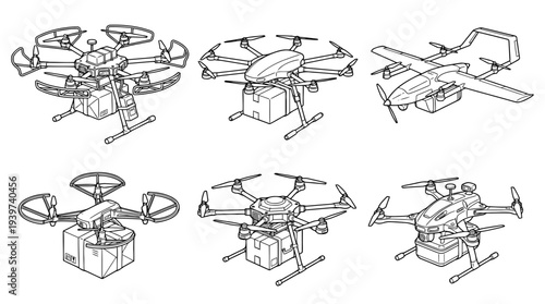 delivery drone , realistic line art vector set , white background , PNG and SVG isolate