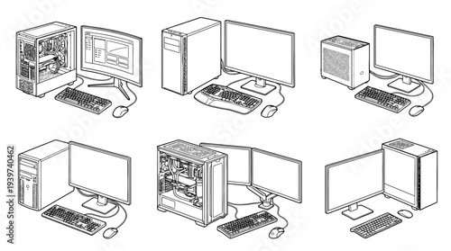 desktop pc , realistic line art vector set , white background , PNG and SVG isolate