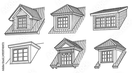 dormer window , realistic line art vector set , white background , PNG and SVG isolate