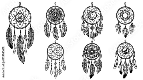 dreamcatcher , realistic line art vector set , white background , PNG and SVG isolate