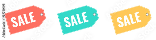 Colorful red, teal and yellow sale price tags for retail shopping, discounts and special offers