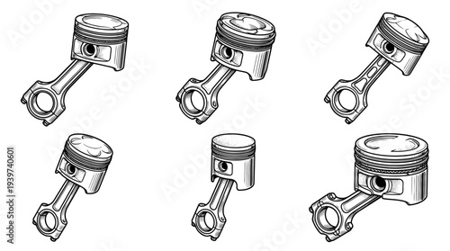 engine piston , realistic line art vector set , white background , PNG and SVG isolate