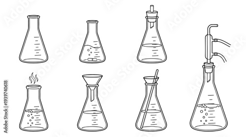 erlenmeyer flask , realistic line art vector set , white background , PNG and SVG isolate