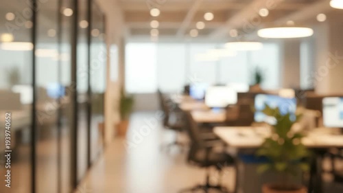 A blurred, out-of-focus background plate of a modern corporate office at sunset. Silhouettes of coworkers move subtly in a warm, bokeh-lit open space with city views. Ideal for business videos