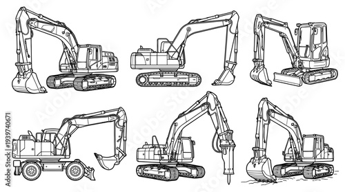 excavator , realistic line art vector set , white background , PNG and SVG isolate