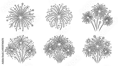 excitement fireworks , realistic line art vector set , white background , PNG and SVG isolate
