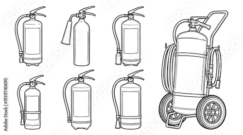 fire extinguisher , realistic line art vector set , white background , PNG and SVG isolate