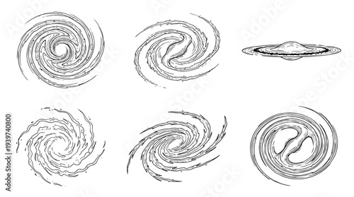 galaxy spiral , realistic line art vector set , white background , PNG and SVG isolate
