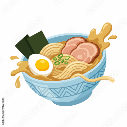 A beautifully illustrated bowl of ramen features noodles, a soft-boiled egg, and pork, showcasing the richness of flavors in Asian cuisine and culinary art.