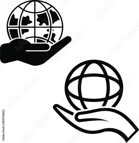 Global environmental protection, worldwide earth care, outline icon. Line sign globe with latitude and longitude in hand. 