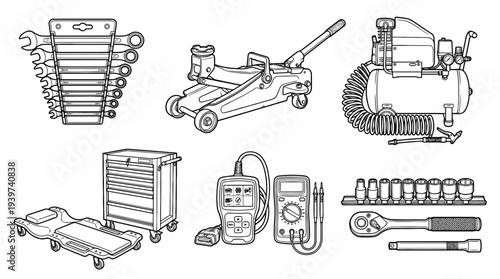 garage , realistic line art vector set , white background , PNG and SVG isolate
