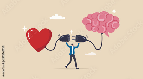 An artistic illustration depicting a man balancing a heart and a brain, connected by wires, symbolizing the importance of emotional intelligence in today's interconnected world.