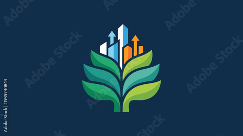 A vibrant logo showcasing a combination of leaves and buildings, representing growth, sustainability, and urban development, highlighted by upward arrows and a calming color palette.