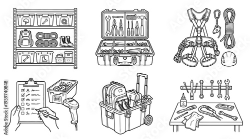 gear management , realistic line art vector set , white background , PNG and SVG isolate