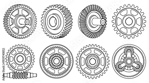 gear , realistic line art vector set , white background , PNG and SVG isolate