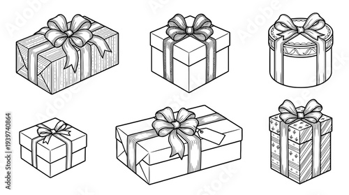 gift box , realistic line art vector set , white background , PNG and SVG isolate