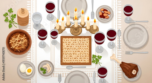 A meticulously set Seder table with matzah, wine, and traditional Passover foods, ready for the holiday meal