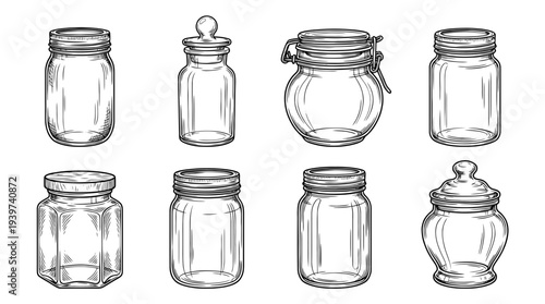 glass jar , realistic line art vector set , white background , PNG and SVG isolate