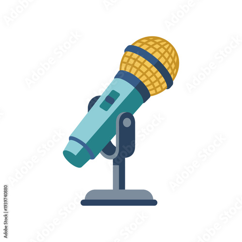 The image illustrates a microphone on a stand, embodying audio communication and public speaking in a vibrant and contemporary styling, ideal for music and media industries.