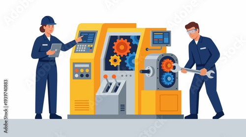 Two workers interact with complex machinery in a factory setting, showcasing teamwork, modern technology, and industrial operations in a vibrant and detailed illustration.