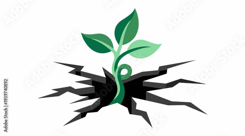 A resilient green plant emerges from a cracked surface, symbolizing growth, hope, and renewal, emphasizing nature's persistence in harsh environments and resilience.