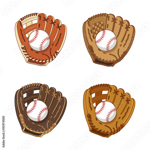 An illustrated collection of four baseball gloves, showcasing various designs and colors with a baseball, ideal for sports-themed projects and merchandise.