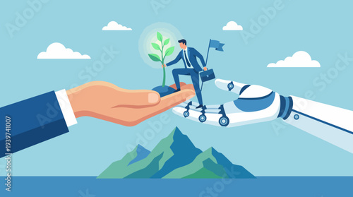 This image depicts a businessman planting a tree while being supported by a robotic hand, symbolizing collaboration between nature and technology in modern business practices.