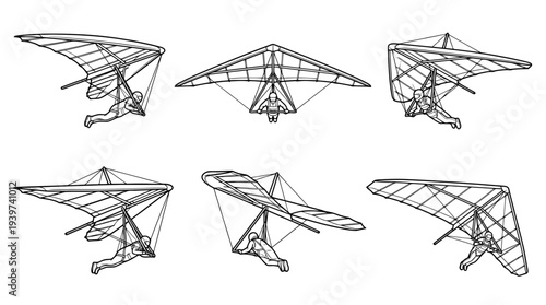 hang glider , realistic line art vector set , white background , PNG and SVG isolate