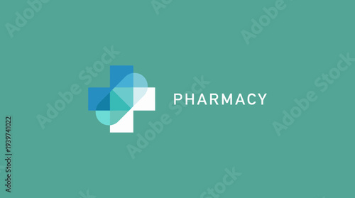 This clean and modern design features a medical cross and a pill icon, signifying the pharmacy industry and emphasizing health, care, and wellness in a professional context.