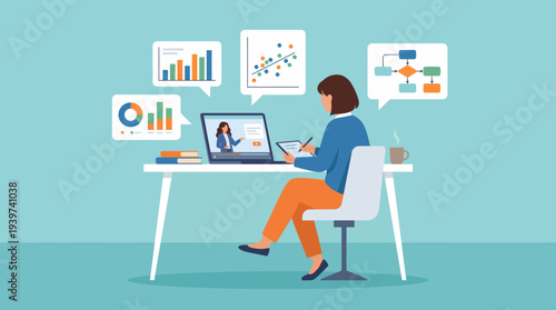 This image depicts a woman engaged in data analysis while using her laptop, highlighting the modern concept of remote work, digital tools, and information management in business.