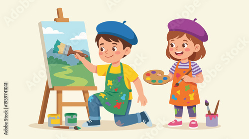 This cheerful image features two children painting together, encouraging creativity and collaboration as they explore their artistic talents using vibrant colors and paint.