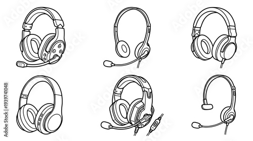 headset , realistic line art vector set , white background , PNG and SVG isolate